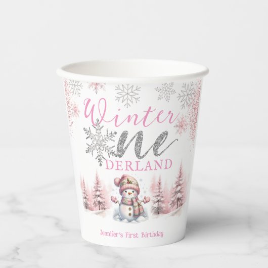 Winter Onederland Pink Silver Glitzer 1. Geburtsta Pappbecher (Vorderseite)