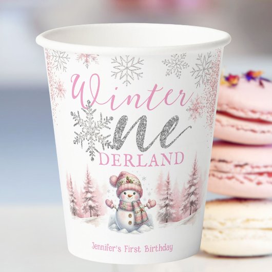 Winter Onederland Pink Silver Glitzer 1. Geburtsta Pappbecher