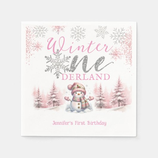 Winter Onederland Pink Silver Glitzer 1. Geburtsta Serviette (Vorderseite)