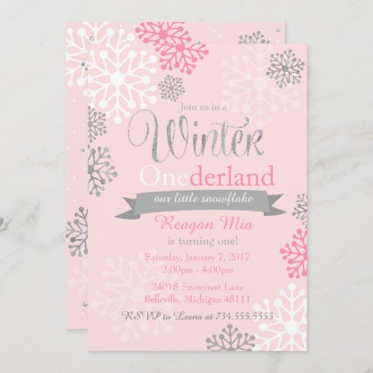 Winter Onederland Pink Silver Glitzer Einladung (Vorne/Hinten)