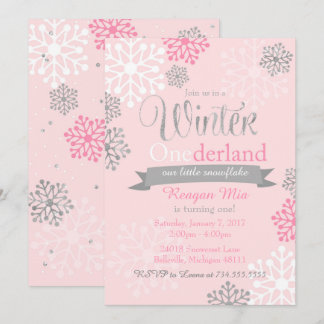 Winter Onederland Pink Silver Glitzer Einladung
