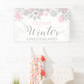 Winter Onederland Pink Silver Snow Erster Geburtst Banner (Insitu)