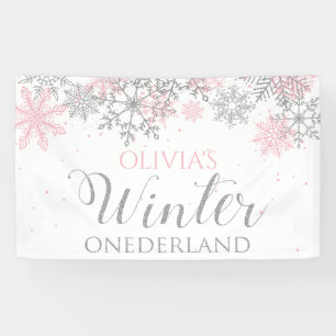 Winter Onederland Pink Silver Snow Erster Geburtst Banner