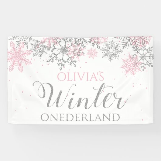 Winter Onederland Pink Silver Snow Erster Geburtst Banner (Horizontal)