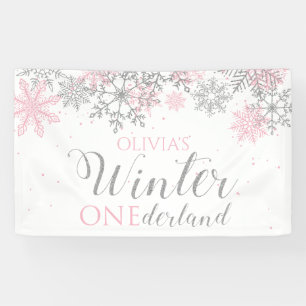 Winter Onederland Pink Silver Snow Erster Geburtst Banner