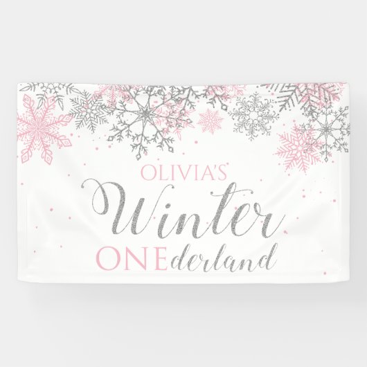Winter Onederland Pink Silver Snow Erster Geburtst Banner (Horizontal)