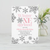 Winter Onederland Pink Silver Snowflake Geburtstag Einladung (Stehend Vorderseite)