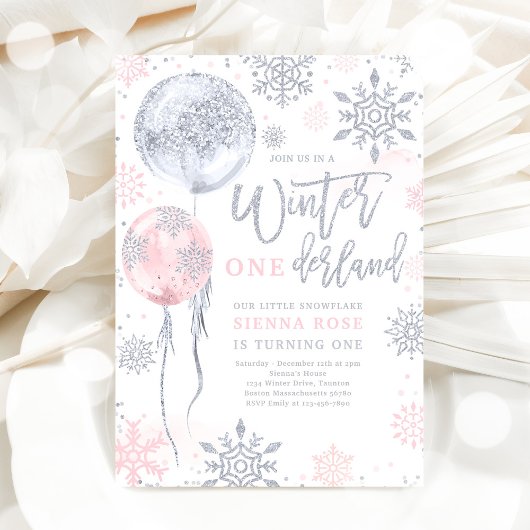 Winter Onederland Pink Silver Snowflake Geburtstag Einladung