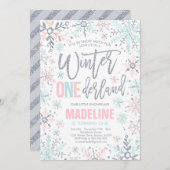 Winter ONEderland Pink Silver Snowflake Geburtstag Einladung (Vorne/Hinten)
