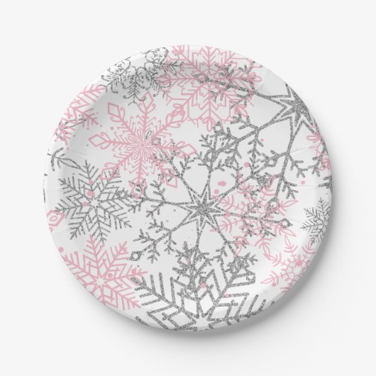 Winter Onederland Pink Silver Snowflake Pappteller (Vorderseite)