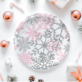 Winter Onederland Pink Silver Snowflake Pappteller