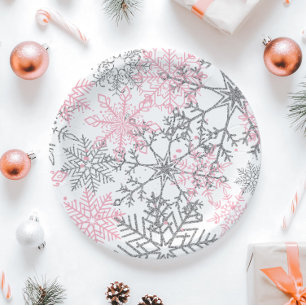 Winter Onederland Pink Silver Snowflake Pappteller