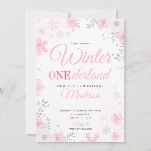 Winter ONEderland Pink Snowflake 1. Einladung (Vorderseite)
