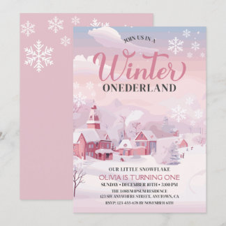 Winter Onederland Pink Snowflake 1. Geburtstag Einladung