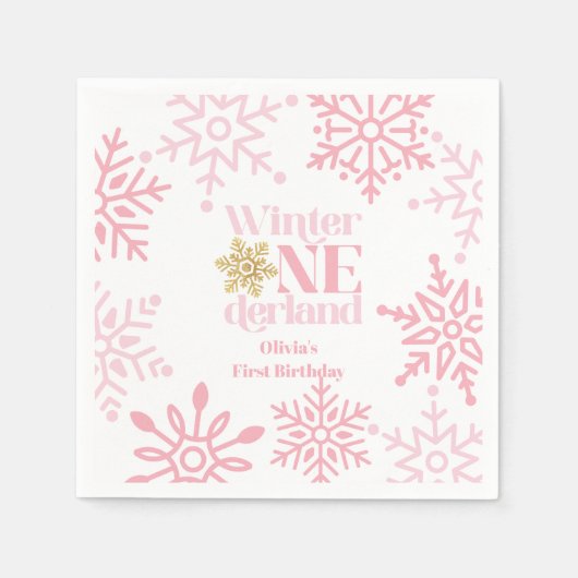 Winter Onederland Pink Snowflake 1. Geburtstag Serviette (Vorderseite)