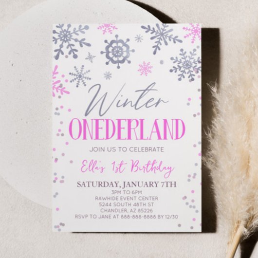 Winter ONEderland Pink Snowflake Birthday Party Einladung
