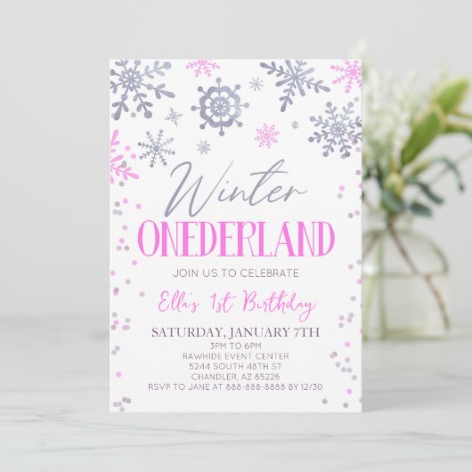 Winter ONEderland Pink Snowflake Birthday Party Einladung (Stehend Vorderseite)
