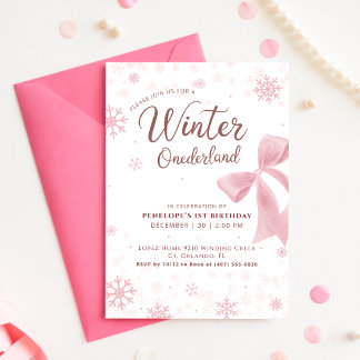 Winter Onederland Pink Snowflake First Birthday Einladung