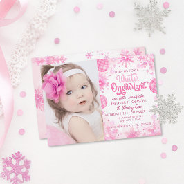 Winter Onederland Pink Snowflake Geburtstags-Foto Einladung