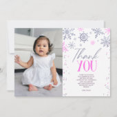 Winter ONEderland Pink Snowflake Geburtstagsparty Dankeskarte (Vorderseite)