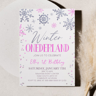 Winter ONEderland Pink Snowflake Geburtstagsparty Einladung