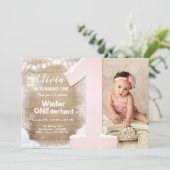 Winter Onederland Pink Snowflake Girl 1. Geburtsta Einladung (Stehend Vorderseite)