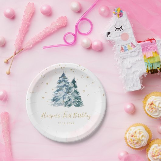 Winter Onederland Pink Snowy Pine Trees Pappteller (Party)