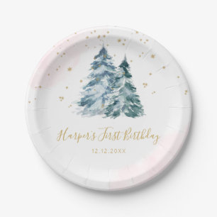 Winter Onederland Pink Snowy Pine Trees Pappteller