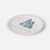 Winter Onederland Pink Snowy Pine Trees Pappteller (Schrägansicht)