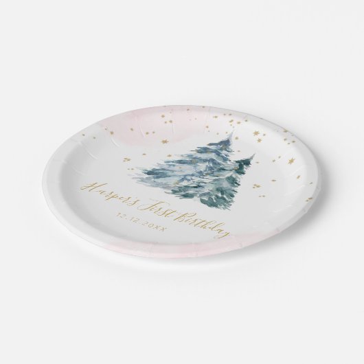 Winter Onederland Pink Snowy Pine Trees Pappteller (Schrägansicht)