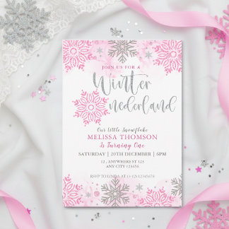 Winter Onederland Pink Sparkasse Snowflake Geburts Einladung