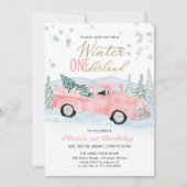 Winter Onederland Pink Truck First Birthday Einladung (Vorderseite)