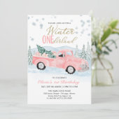 Winter Onederland Pink Truck First Birthday Einladung (Stehend Vorderseite)