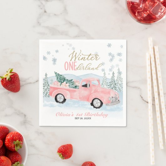 Winter Onederland Pink Truck First Birthday Serviette (Beispiel)