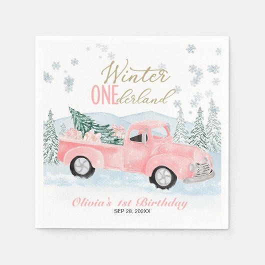 Winter Onederland Pink Truck First Birthday Serviette (Vorderseite)