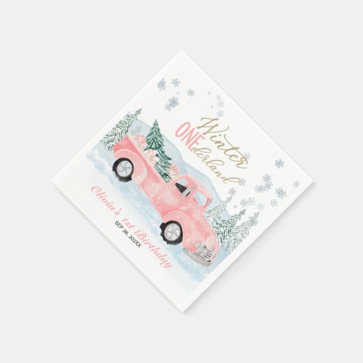 Winter Onederland Pink Truck First Birthday Serviette (Ecke)