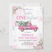 Winter Onederland Pink Truck Girl Erster Geburtsta Einladung (Vorderseite)
