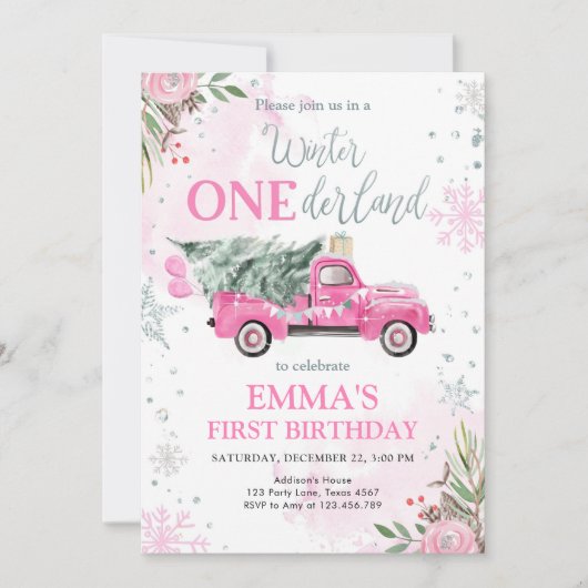 Winter Onederland Pink Truck Girl Erster Geburtsta Einladung (Vorderseite)