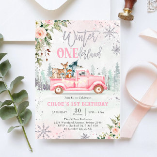 Winter ONEderland Pink Truck Mädchen 1. Geburtstag Einladung