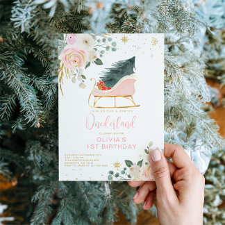 Winter Onederland Pink und Gold Sleigh Geburtstag Einladung
