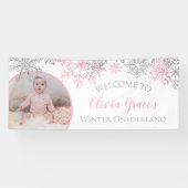 Winter Onederland Pink und Silver Snowflakes Foto Banner (Horizontal)