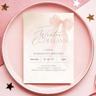Winter Onederland Pink Watercolor Bow 1st Birthday Einladung
