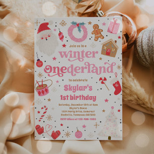 Winter ONEderland Pink Weihnachten Geburtstagspart Einladung