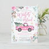 Winter ONEderland Pink Winter Truck Snowman Party Einladung (Stehend Vorderseite)