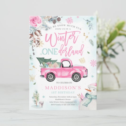 Winter ONEderland Pink Winter Truck Snowman Party Einladung (Stehend Vorderseite)