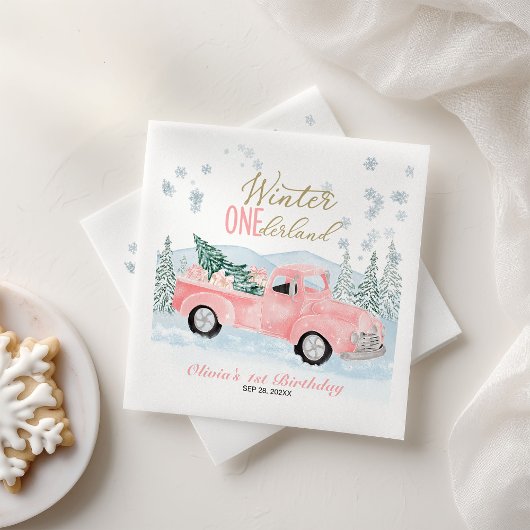 Winter Onederland Pinker LKW Erster Geburtstag Serviette