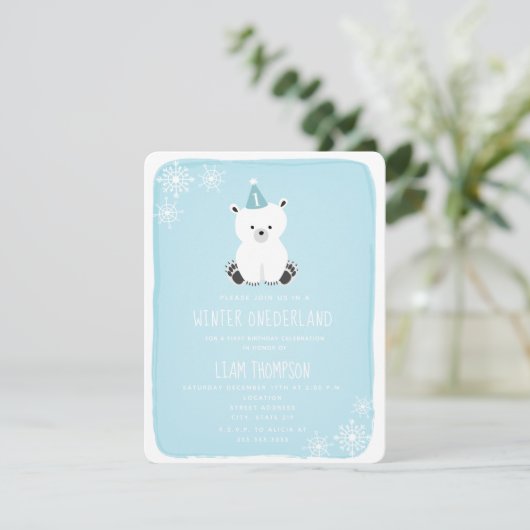Winter Onederland Polar Bear Blue Erster Geburtsta Einladung (Stehend Vorderseite)