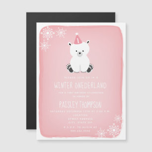 Winter Onederland Polar Bear Pink Erster Geburtsta Magneteinladung