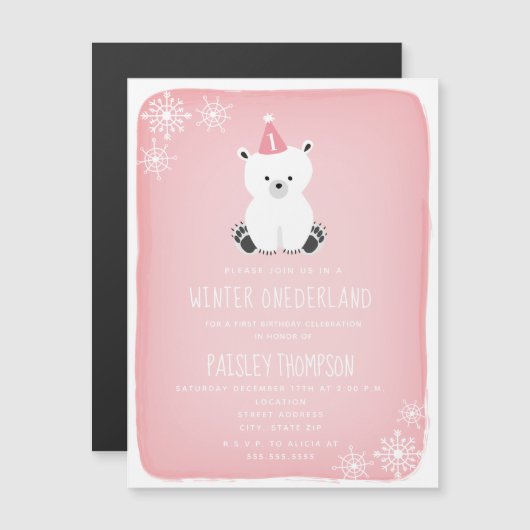 Winter Onederland Polar Bear Pink Erster Geburtsta Magneteinladung (Vorne/Hinten)