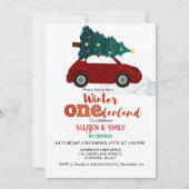 Winter Onederland Red Car mit Twin 1St Birthday Einladung (Vorderseite)